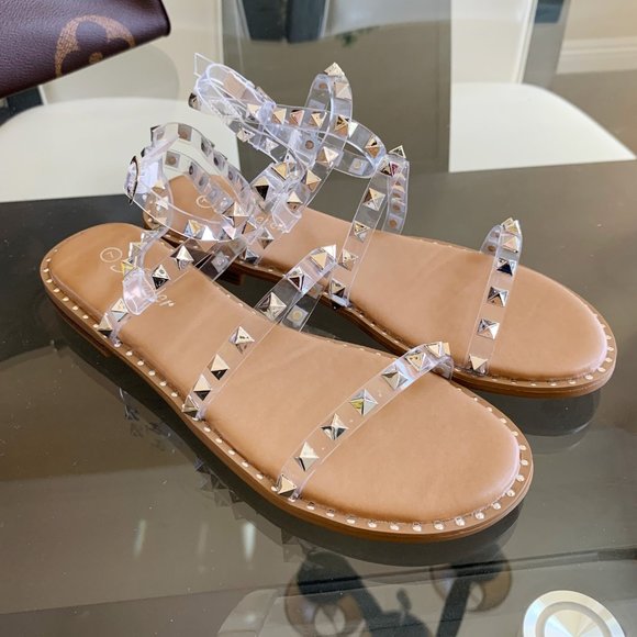 NEW Transparent Clear Stud Ankle Strap Cage Sandal - Picture 3 of 6